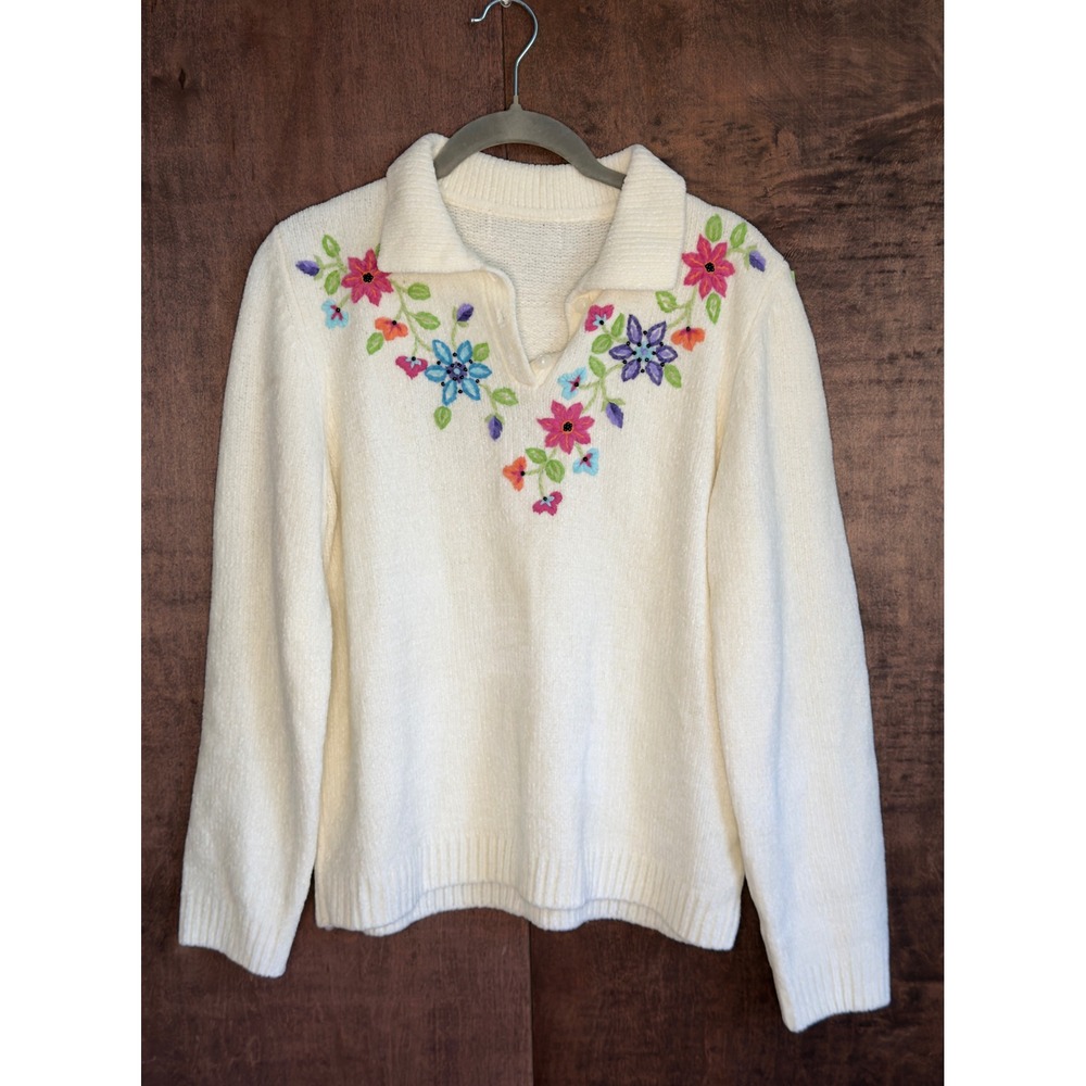 Vintage Floral Embroidered Knit Sweater Cream Split Neck Long Sleeve Cottagecore